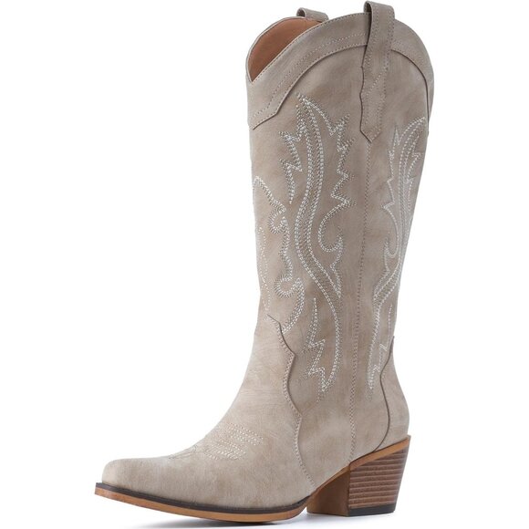 Women's Tan Chunky Heel Mid Calf Snip Toe Embroidery Western Elegance Boots - Picture 3 of 5